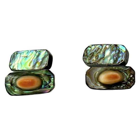 Antique 925 Sterling Silver Men's Cufflinks Abalone Mother Of Pearl Rectangle - Picture 5 of 16
